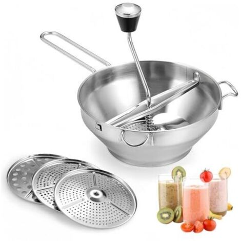 Moulin à légumes en acier inoxydable, moulin à légumes avec 3 disques de broyage, presse-purée, grand moulin à légumes pour sauce tomate, compote de pommes, purée, purée de pommes de terre, confiture, (1/4)