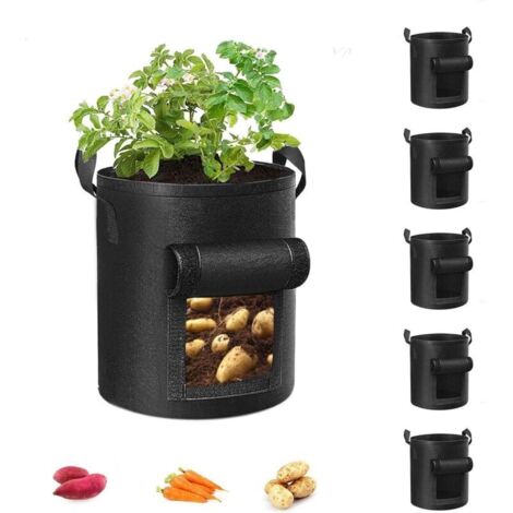 Lot de 5 sacs de culture, sacs de culture de jardin avec poignées renforcées, pots non tissés pour tomates, légumes et fruits, noir (1/4)