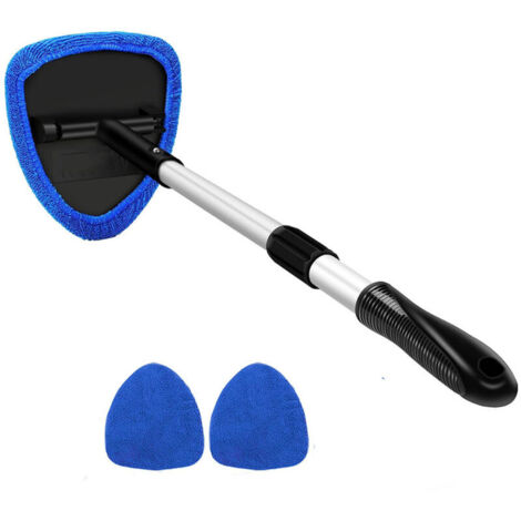 Outil de nettoyage de pare-brise de voiture en microfibre avec 2 tampons en microfibre réutilisables et lavables et poignée extensible Kit d'essuie-glace intérieur automatique, bleu (1/4)