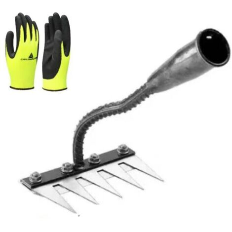 5 dentsRâteau de désherbage de jardin en acier au carbone avec gants en polyester, râteau de jardin en métal robuste, râteau en fer pour le désherbage de jardinage, râteau de jardinage, gants enduits (1/4)