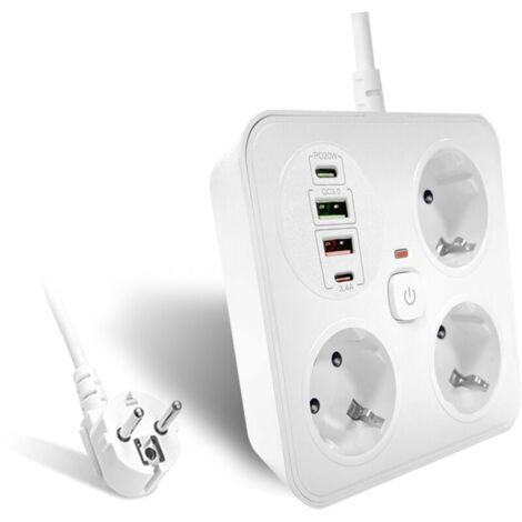 Multiprise 3 prises avec 2 ports USB A et 2 USB C, adaptateur de prise avec câble d'extension de 2 m (250 V/16 A), multiprise pour bureau, maison (blanc) (1/4)