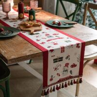 Christmas Table Runner 70 inches Long, Red and White Xmas Table Runner with Tassels, Snowman Reindeer Dinning Table Dresser Scarf for Dinning Room Holiday Christmas Decoration(14x70 Inch)