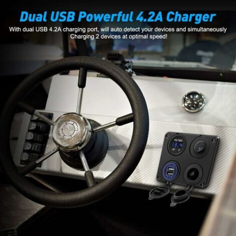 Prise Allume-Cigare Marine 12V/24V Étanchéité IP65 - Double USB 4.2A + Voltmètre LED + Interrupteur - Bateau Voiture Camping-Car