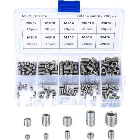 Vis Sans Tête en Acier Inox, M3 M4 M5 M6 M8 Vis à Métaux, Assortiment Kit de Fixations Vis Pointeau(200Pcs)-Autres (1/5)