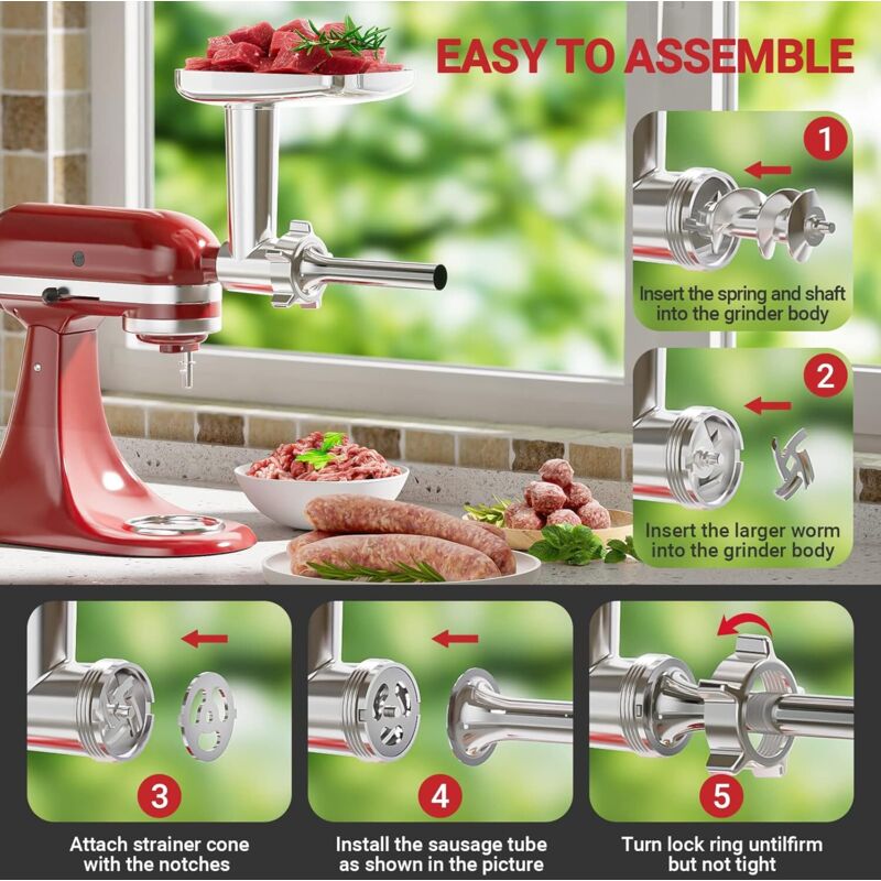 Accessoire Hachoir à Viande Coolcook Pour KitchenAid – 3 Tubes à Saucisses + Lames Et Grilles Inclus – Parfait Pour Saucisses Maison Et Viande Fraîche