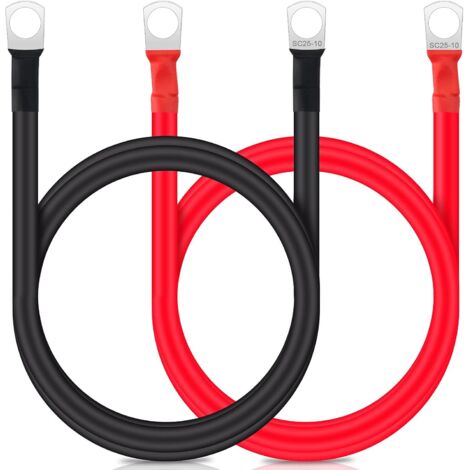 2 pièces Câbles de batterie 1M 3WAG/25mm² 12V Câble de batterie pour voiture Batterie de voiture Câble en cuivre avec bornes SC25-10 Rouge et Noir Câbles en cuivre pour camion, moto, solaire