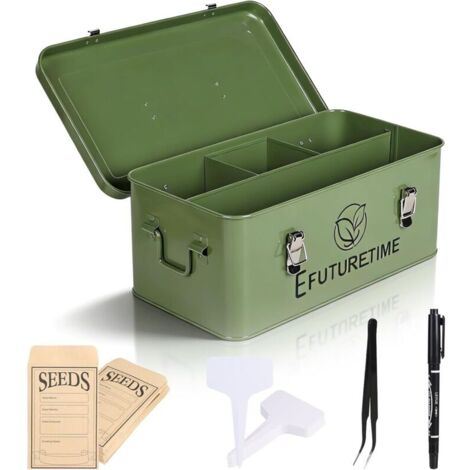 Boîte à Graines Potager en métal 32,5×17×13cm, Boîte de Rangement à Graines avec Couvercle, 30 Étiquettes pour Plantes 30 Enveloppes de Graines, Idée Cadeau Jardinage, Vert