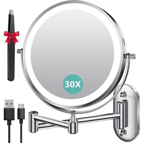 8 Pouces Miroir Grossissant Lumineux Mural x30, Miroir Grossissant Mural avec 3 Modes de Couleur, 1X/30X Grossissement Charge USB, Écran Tactile, 360° Pivotant et Extensible pour Salles de Bain