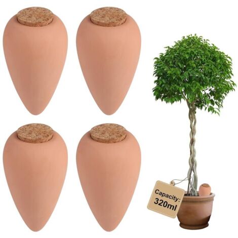 4 × 320ml Oyas Arrosage avec Liège, Arrosoir Terreau Plante Intérieur, Cône à Radis Olla pour Arrosage Automatique des Fleurs, Distributeur Eau Plante, pour Jardin, Potager, Pot en Terre Cuite
