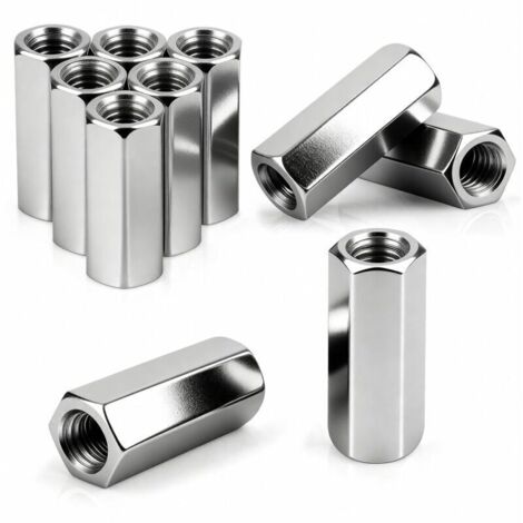 Lot de 10 écrous longs M12 x 50 mm - Écrous de connexion filetés en acier galvanisé - Manchons filetés hexagonaux - Manchons d'écartement - Écrou d'extension pour la maison, les appareils de