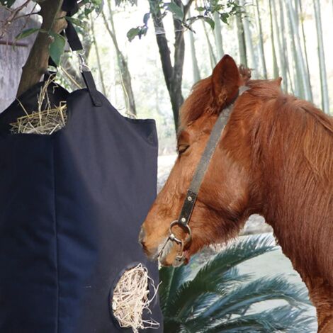 Grand sac à foin en tissu Oxford pour chevaux, pour nourrir les chevaux avec des aliments adaptés à leur espèce, avec plusieurs ouvertures pour des aliments frais et sains, noir