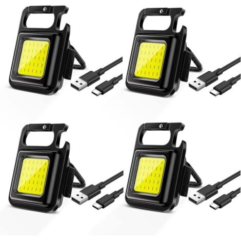 Lot de 4 mini lampes LED portables rechargeables 500 lumens, porte-clés magnétique, lampe de travail avec support pliable pour camping, réparation, urgence [Classe énergétique A+]