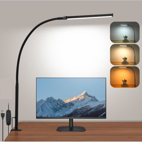 Lampe de Bureau LED, 3 Modes de Couleur 10 Niveaux de Luminosité lampe bureau avec Pince, 360 ° réglable col de cygne flexible lampe de table， Lampe de Lecture（Noir） [Classe énergétique F] (1/4)