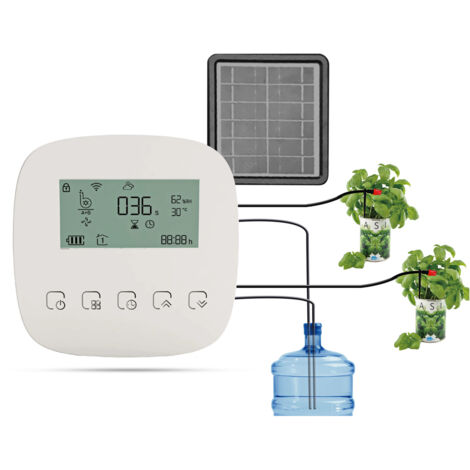 Système d'arrosage automatique Dispositif d'arrosage intelligent Système à double pompe Temps d'arrosage programmable Batterie intégrée Panneau solaire/chargement USB Compatible avec Alexa Google Home