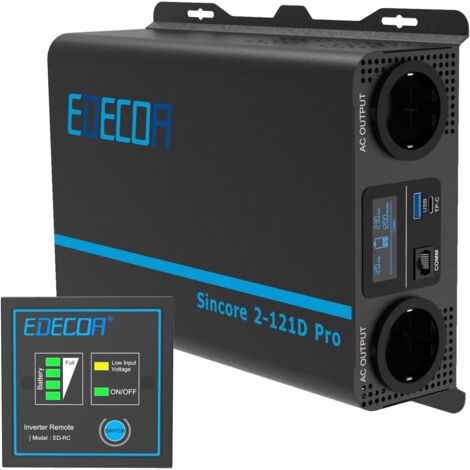 Edecoa – Convertisseur de tension 12V à 230V 1200W – Onde sinusoïdale pure – LCD – 2 ports USB – Télécommande – Protection surchauffe - LCD 2 X USB