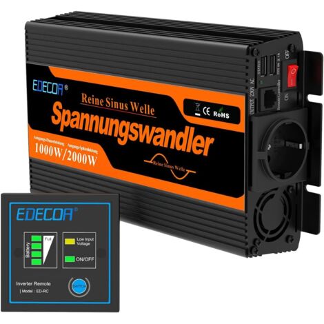 Edecoa – Convertisseur de tension 12V 1000W – Onduleur sinusoïdal pur avec télécommande – 2 ports USB 5V 2.1A – Protection survoltage et surchauffe