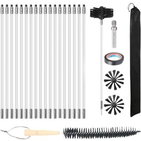 Kit de 25 brosses de nettoyage de cheminée avec 18 tiges flexibles en nylon + 2 têtes de brosse + 1 longue brosse en bois + sac de rangement pour conduit de cheminée, sécheuse, regard de cheminée, hot (1/5)