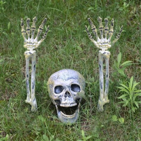 Crâne et bras de squelette d'Halloween, lot de 3. Décorations d'Halloween réalistes en forme de squelette pour intérieur et extérieur, accessoires de fête d'Halloween. (1/4)