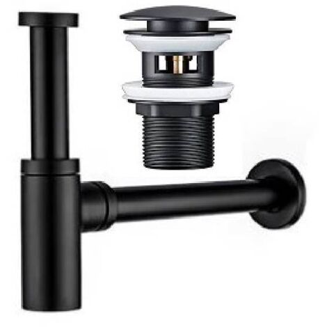 Ensemble bonde de lavabo et siphon à bouteille, noir mat, désodorisant, pour lavabos de salle de bain, avec trop-plein, bonde rétractable, (1/5)