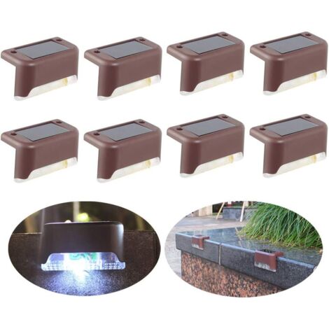 Lot de 8 lampes solaires LED étanches pour clôture, jardin, cour, terrasse, allée, escalier (marron, lumière blanche) (1/5)