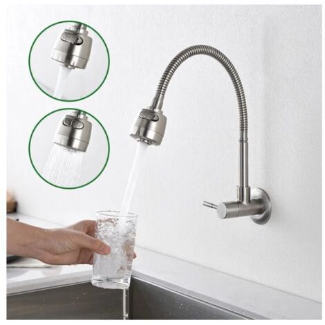 Aihom – Robinet mural eau froide à ressort – Mitigeur de cuisine en acier inoxydable brossé – Bec rotatif 360° – 2 jets : douchette et normal