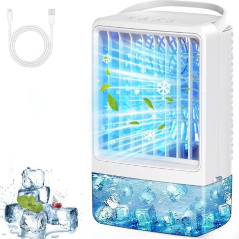 Mini climatiseur portable USB, ventilateur à glace, souffleur d'air froid, 2 ports de brumisation, 3 vitesses de vent et 7 lumières LED colorées, brume fraîche et minuterie, refroidisseur d'air par év (1/5)