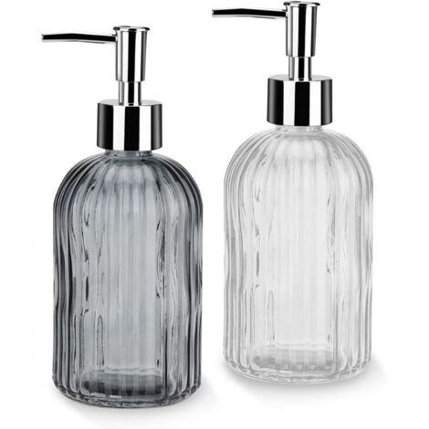 Distributeur Savon Liquide,Distributeur de Savon en Verre de avec Pompe à Main 2 Pcs Distributeur Liquide Rechargeable pour Salle de Bains Distributeur de Savon de Cuisine Blanc+Gris