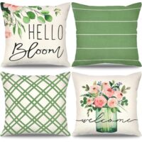 Lot de 4 housses de coussin 45 x 45 cm décoratives en lin motif botanique vert printemps été taie d'oreiller pour canapé lit salon intérieur de voiture