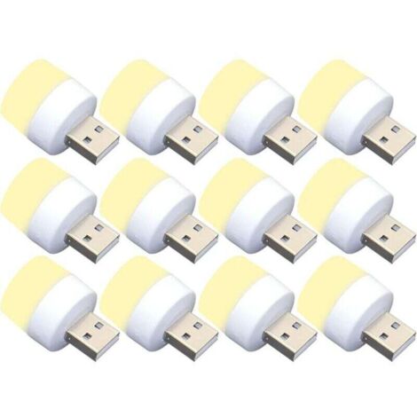Lot de 12 mini ampoules LED USB de nuit, sans capteur de lumière, blanc chaud, compactes, idéales pour chambre à coucher, salle de bain, cuisine, voiture (1/4)