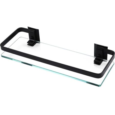Étagère murale de salle de bain en aluminium, verre trempé Extra épais, panier rectangulaire à 1 niveau, montage mural noir, 35x12x4.5cm (1/4)