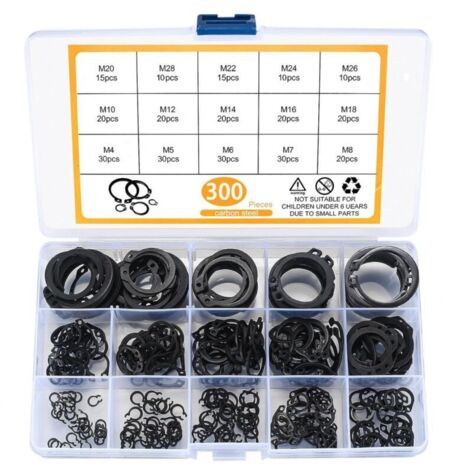 300 Pièces E-clips Kit Anneau de Retenue Externe, Assortiment Circlips Snap, Bagues d'arrêt Circlips, M4-M28 (1/4)