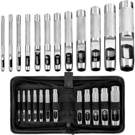Optimisé Emporte Piece Cuir, Lot de 12 Emporte-Pièces en Acier pour Papier, 3 à 19 mm, pour Bracelet de Montre, Joint, Ceinture, Chaussures, Tissu, Toile avec Mallette de Rangement (1/5)
