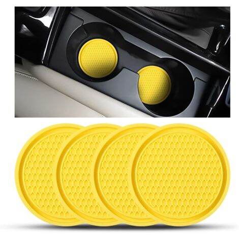 Lot de 4 dessous de verre de voiture - 7 cm - En silicone antidérapant - Pour homme et femme - Accessoires d'intérieur universels pour la plupart des voitures et camions (jaune) (1/5)