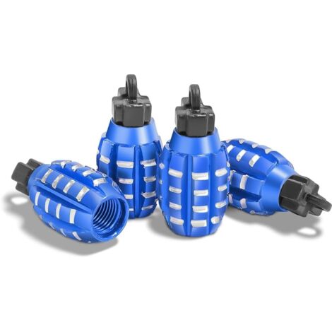 4 Pièces Bouchons Valve en Aluminium, Bouchons Valve en Forme De Grenade, Bouchons de Tige de Valve de Pneu, Anti-Poussière, pour Voitures, SUV, Vélos, Camions, Motos (Bleu) (1/5)