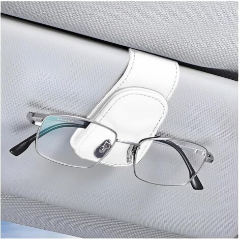 Porte-Lunettes De pour Voiture, Magnétique en Cuir Clip Cintre De Lunettes pour Voiture, Support De Lunettes De Soleil De Visière Voiture Universel avec Pince à Carte (Blanc) (1/5)