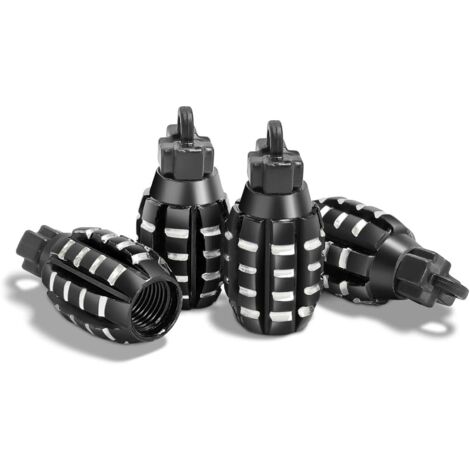 4 Pièces Bouchons Valve en Aluminium, Bouchons Valve en Forme De Grenade, Bouchons de Tige de Valve de Pneu, Anti-Poussière, pour Voitures, SUV, Vélos, Camions, Motos (Noir) (1/5)