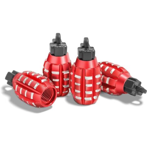 4 Pièces Bouchons Valve en Aluminium, Bouchons Valve en Forme De Grenade, Bouchons de Tige de Valve de Pneu, Anti-Poussière, pour Voitures, SUV, Vélos, Camions, Motos (Rouge) (1/5)