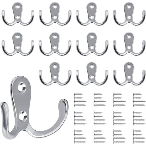 Lot de 12 crochets muraux doubles - En métal argenté - Style vintage - Avec 48 vis - Pour porte-manteau, salle de bain, cuisine - Argenté (1/5)