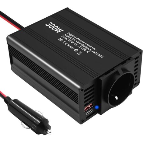 300W Convertisseur 12V 220V 230V Convertisseur de Tension Onduleur Prise Allume Cigare Transformateur de Puissance avec 1 Prises EU, 1 Type-C et 1 Ports USB pour Phone Tablette Voiture Camion