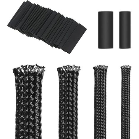 Rouleau de 4 rouleaux de 5m de gaine de câble tressé extensible en PET noir avec 20 tubes thermorétractables pour câble audio, vidéo, appareils domestiques, câbles automobiles
