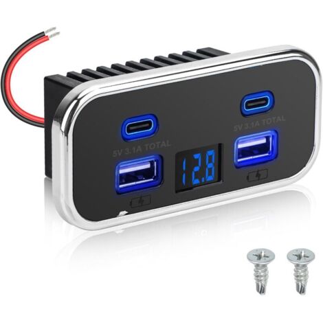 Prise USB RV 62W, Double Ports USB-A et Double Ports Type-C, Panneau de Prise avec Voltmètre pour Voiture, Camion, Bateau 12V/24V (1/5)