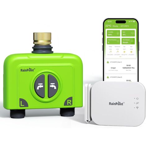 Programmateur Arrosage WiFi 2 Voies avec Entrée en Laiton Minuteur Arrosage Automatique, Passerelle D'antenne RF 150m, Smart Commande APP/vocale Basé Météo, 2x6 Programmations, pour Jardin,2-Zone-Time (1/5)