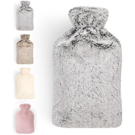 Bouillotte premium avec housse en fausse fourrure douce 2l - bouillotte en caoutchouc naturel - bouillotte cadeau petite amie - bouillotte luxe - bouillotte anti-fuite gris (1/5)