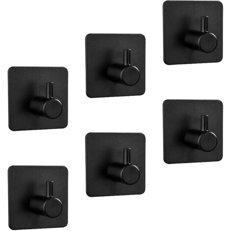 Crochets pour peignoirs et serviettes de bain - Lot de 6 crochets adhésifs noirs en plastique pour un accrochage sans tracas sur les murs dans la salle de bain, la cuisine et plus encore  Crochet (1/5)