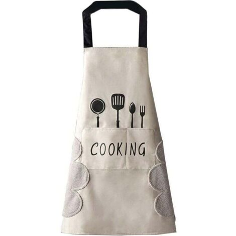 Tablier de cuisine(Blanc) pour femme avec poches pour essuyer les mains, grande poche, essuyage à la main, imperméable pour la cuisine et la pâtisserie (1/4)