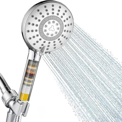 Filtered Shower Head with 15-Stage Hard Water Filter - High Pressure 5-Spray Modes Handheld Showerhead for Dry Skin & Hair - Dechlorination & Water Softener with Negative Ion, Chrome Silver (1/5)