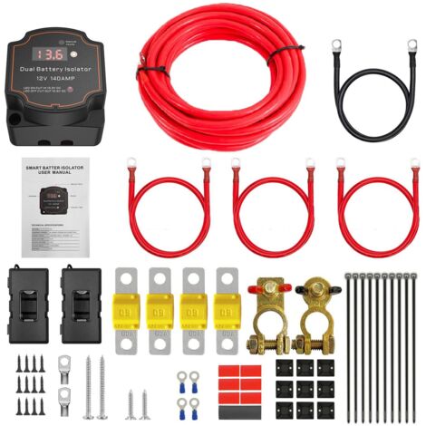 Coupleur Separateur Batterie 12v,Kit d'Isolateur De Coupleur Batterie Double,12 v 140 Amp Kit De Relais Sensible à La Tension 3m,Kit De Relais De Charge Divisé Pour Vtt Utv Camions Camping