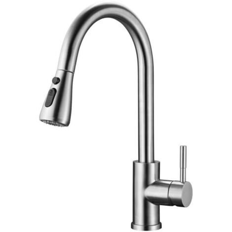 Robinet de cuisine en acier inoxydable avec pulvérisateur extractible, pivotant à 360 °, poignée unique, antirouille, débit 2 fonctions et cartouche en céramique (argenté) (1/5)