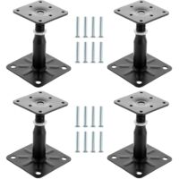 4 x Post Brackets, Height Adjustable, 100 - 150 mm, Galvanised Steel, Black, 75 x 95 mm, Adjustable for Concrete Seal, for Fences, Sheds, Carports, Pergolas
