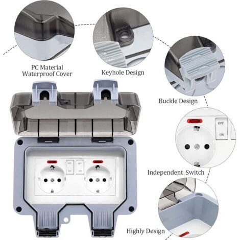 Prise Exterieure Etanche IP66 Double Prise de Courant et Volet de Protection Multiprise Electrique Murale de Jardin, Prise Anti-Poussière et Coupe-Vent avec Interrupteur, Voyant Lumineux - RWAutre acc (1/5)